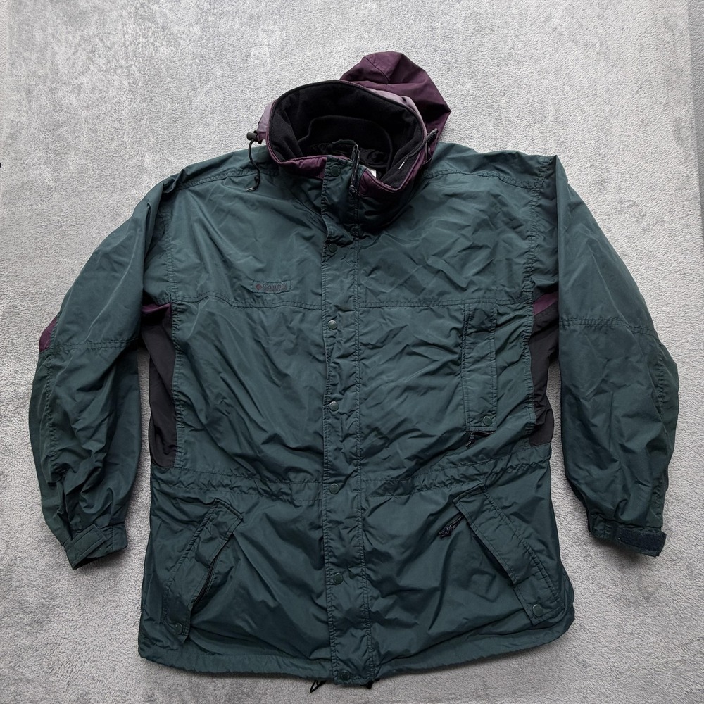 Vintage Columbia Long Peak Jacket Mens 2XL Green Hooded Nylon Parka Ski 90s‎